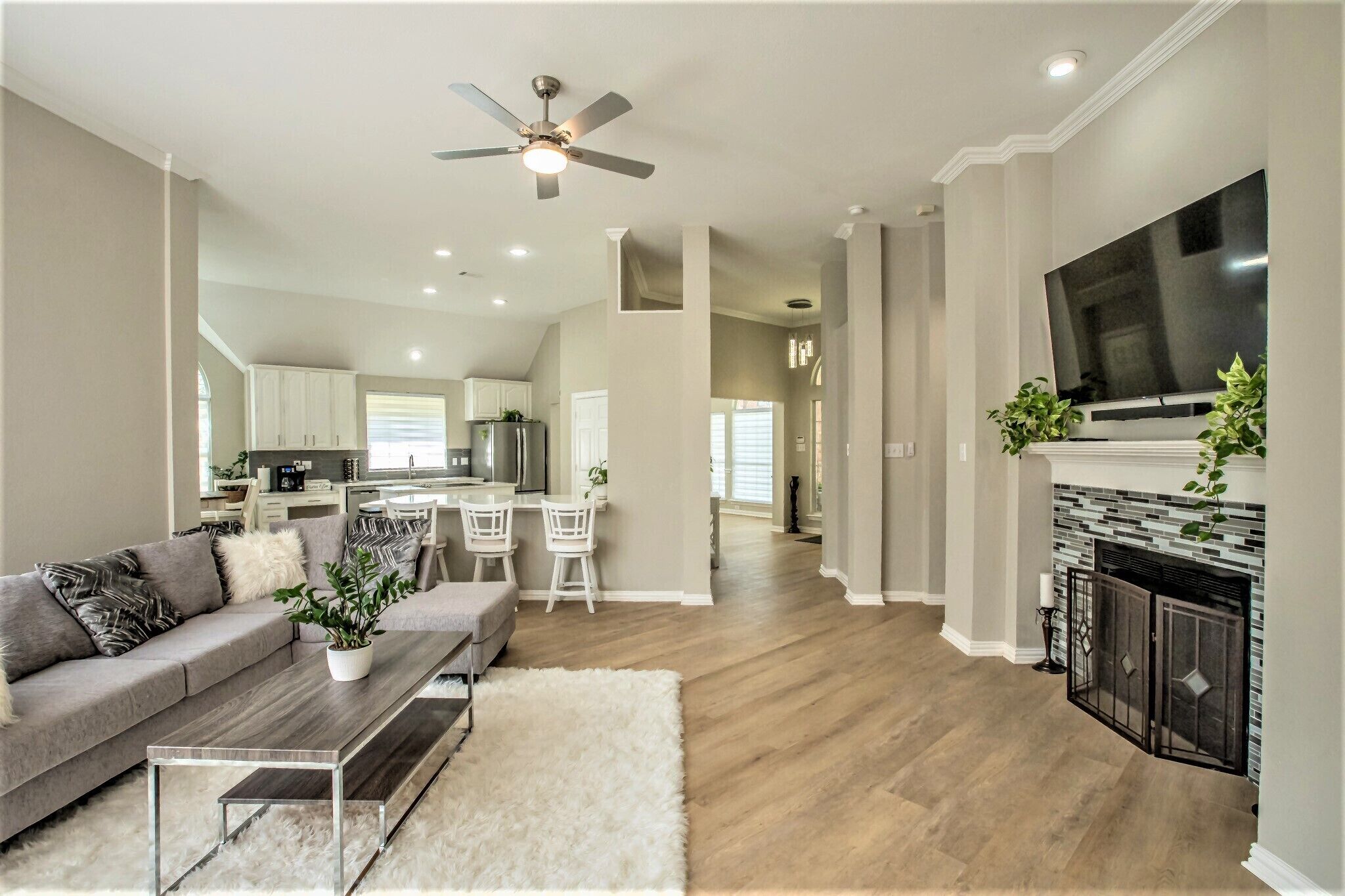 Smart TV, fireplace, books