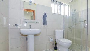 A modern bathroom with a glass shower enclosure, a white sink, and a toilet. - mountain view apartment (Kigali)