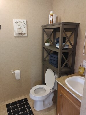 Een badkamer met toilet, wastafel, plank met handdoeken, een kleine plant en een schilderij aan de muur.