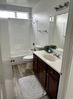 Hair dryer, towels, soap
