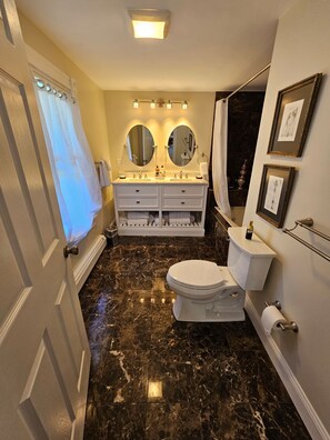 Combined shower/tub, hair dryer, towels