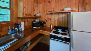 Cocina de cabaña de madera con un fregadero, estufa, microondas y estantes sobre la encimera.