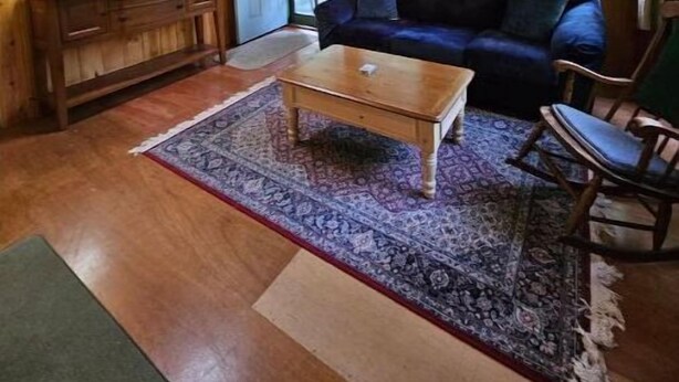 L'intérieur d'un chalet en bois, avec un canapé, une table basse et un tapis.