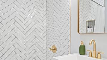 Hair dryer, towels, soap, toilet paper