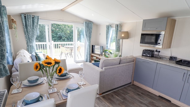 A modern kitchen with a microwave, toaster, and cabinets. There is a dining area with a table set for two, a sofa, and a window with curtains. - 62 Pinewood (Mablethorpe)