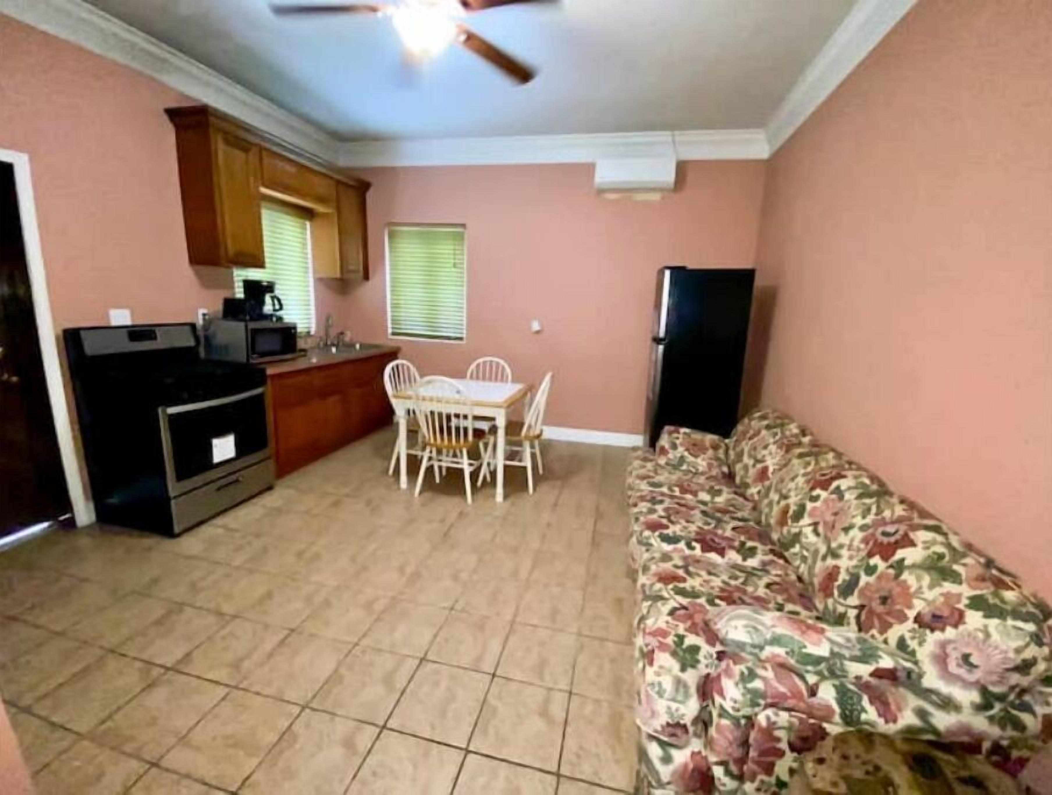 A compact living space with a kitchenette, a dining area, and a sofa.