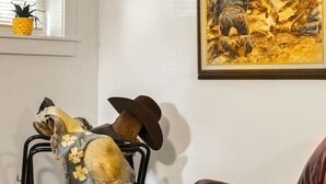 A room with a red leather chair, a framed painting, and a small table with a pineapple on it. - Bo’s Old West Abode with Hot Tub and Sauna (Billings)