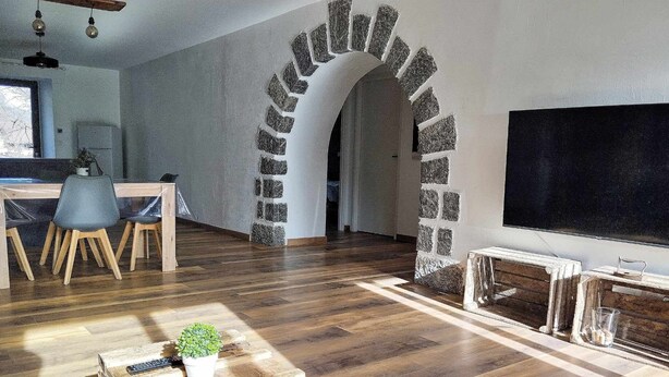 A living room with a wooden floor, a TV, a fireplace, and a stone archway. - LE Mazot-spa-piscine-proche Lac-charme-détente (Lathuile)