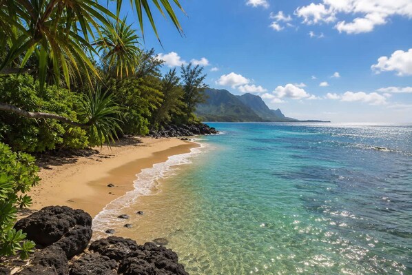 A beach with clear turquoise water, a sandy shore, and lush greenery.