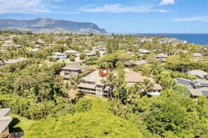 Ett bostadsområde med hus omgivna av frodig grönska och utsikt över havet.