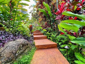 A stone pathway leading through a lush garden with various tropical plants and a large rock on the left.