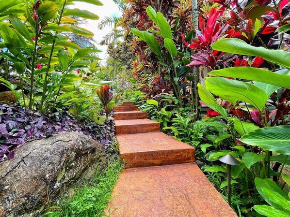 Un sendero de piedra serpentea por un exuberante jardín con diversas plantas tropicales y una gran roca a la izquierda.