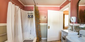 A bathroom with a shower, a sink, and a mirror.