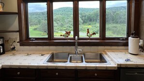 A kitchen with a double sink, a window with a view of green hills, and a decorative rooster. - 5 minutes to Cooperstown Village - New Renovation! (Cooperstown)