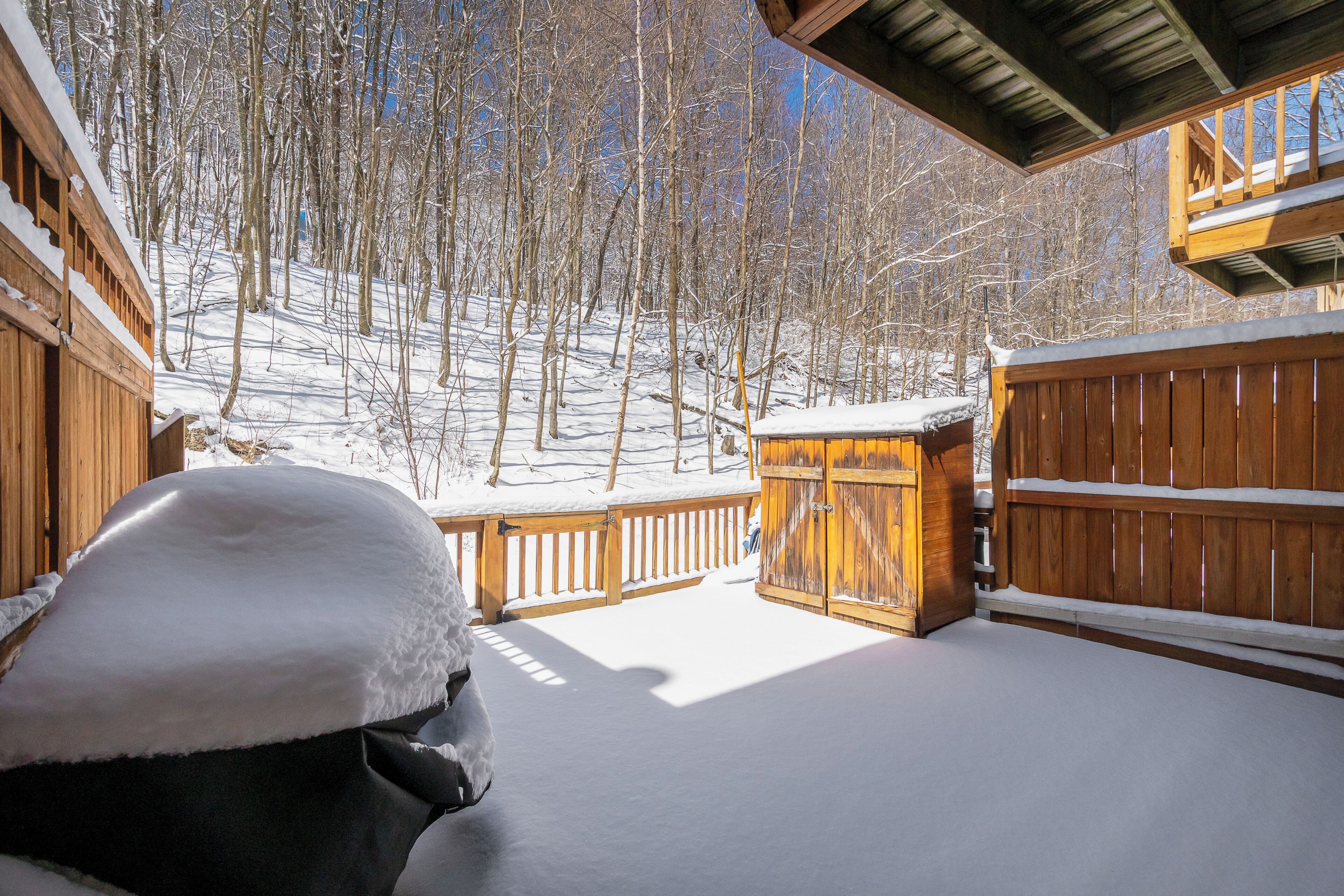 A wooden cabin with a snow-covered deck and a view of a forested hill.
