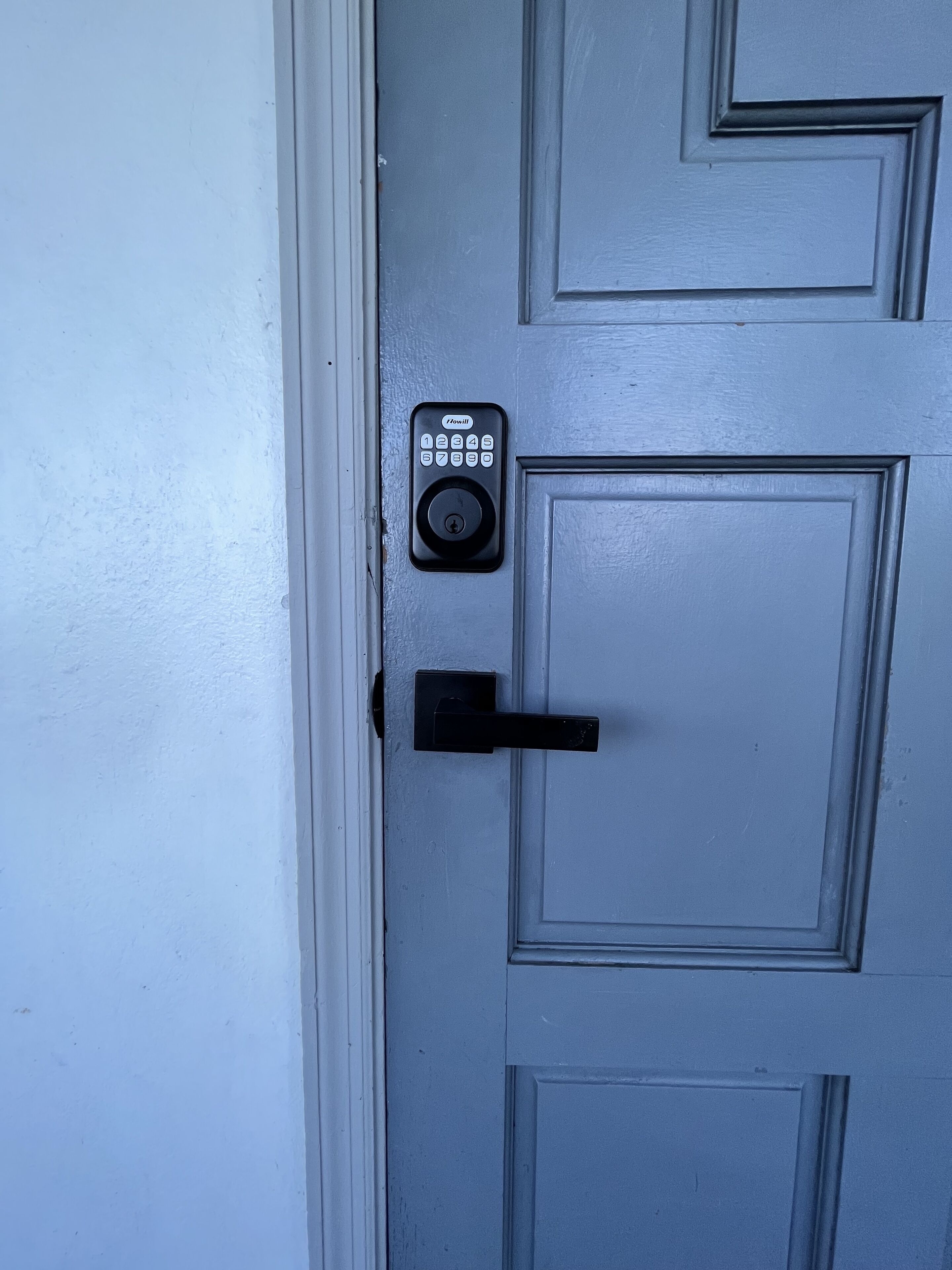 A door with a keypad lock and a door handle.
