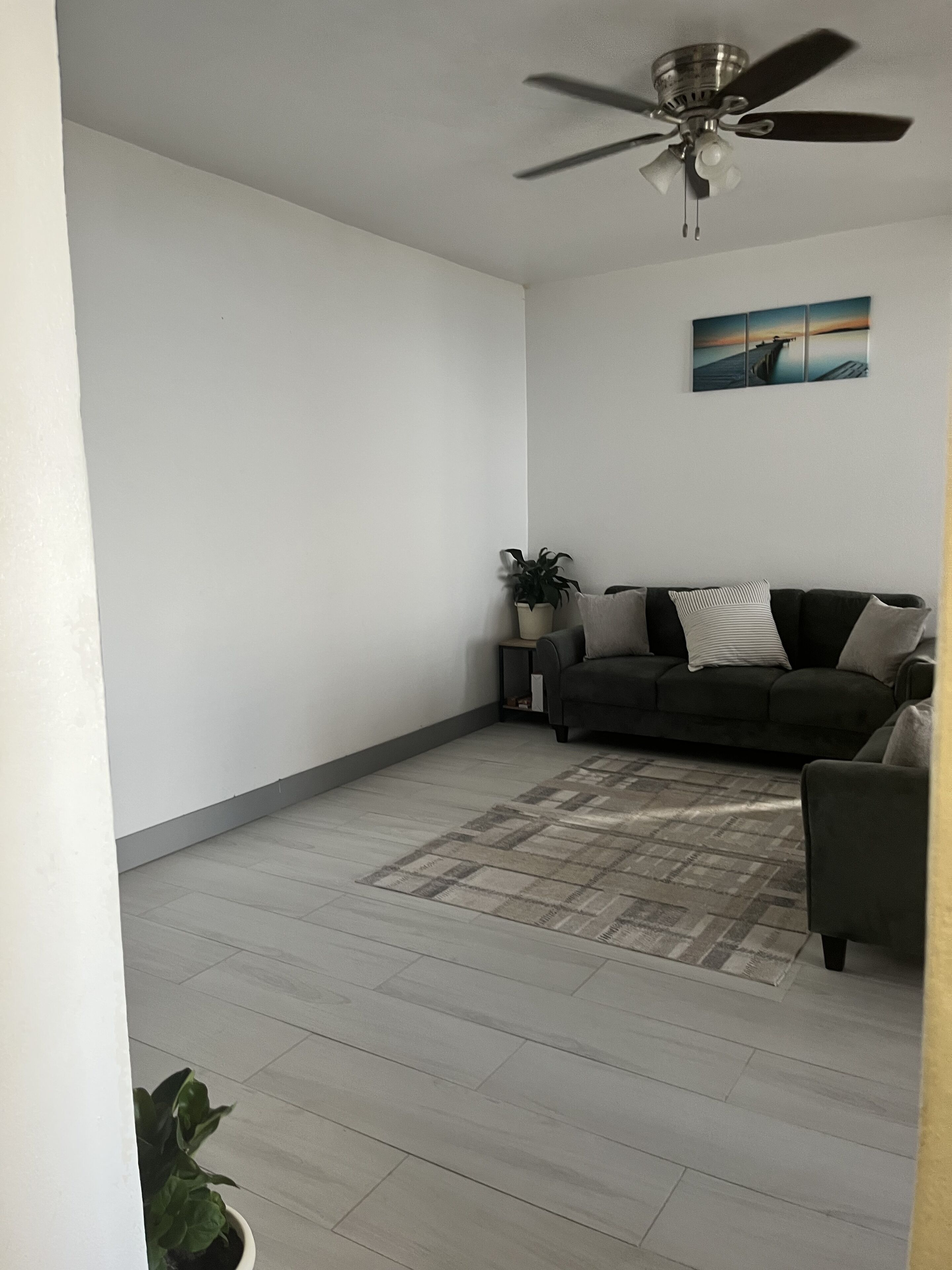Ein Wohnzimmer mit einem dunkelgrauen Sofa, einem gemusterten Teppich, einem Deckenventilator und einem Wandbild.
