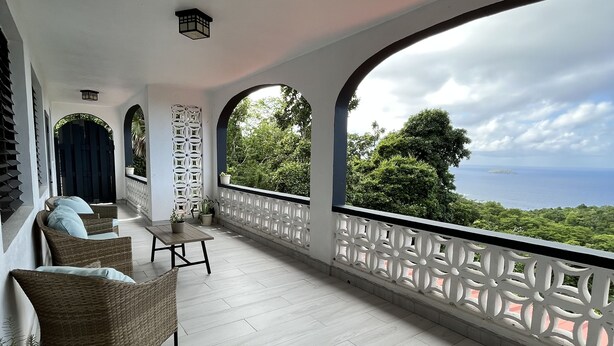 A spacious balcony with wicker furniture, a potted plant, and a view of the sea. - Tropical Oasis 🇻🇮Stunning ocean view, minutes drive to Brewers Beach!🇻🇮🏝 (St Thomas)