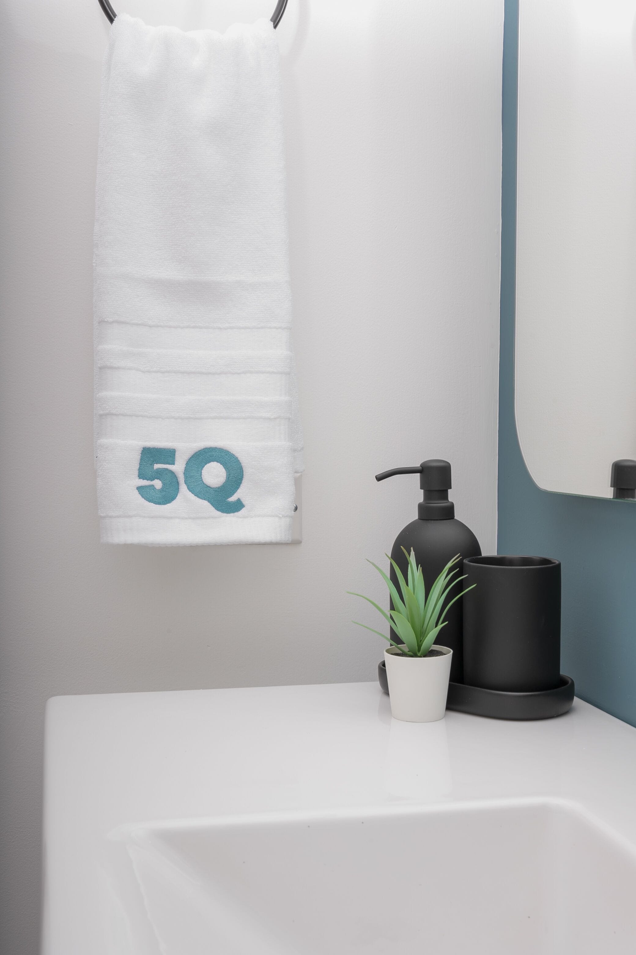A bathroom with a white sink, a black soap dispenser, a potted plant, and a towel with '5Q' on it.