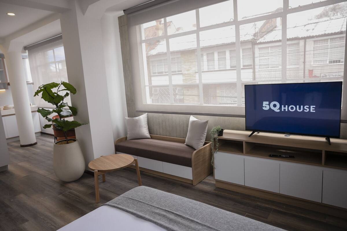 A modern hotel room with a large window, a sofa, a TV, and a potted plant.