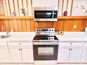 Full-sized fridge, microwave, oven, stovetop
