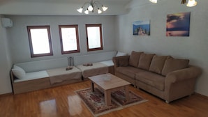 A living room with a sofa, a wooden coffee table, and a patterned rug. There are three windows with blinds, a radiator, and a ceiling light fixture.