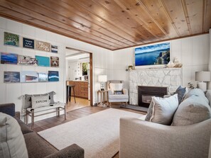 Smart TV, fireplace, books, computer monitors