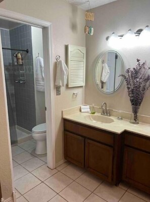 Hair dryer, towels, soap, shampoo