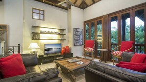 A cozy living room with a fireplace, leather sofas, a coffee table, and a TV. There are bookshelves and a window with a view of greenery.