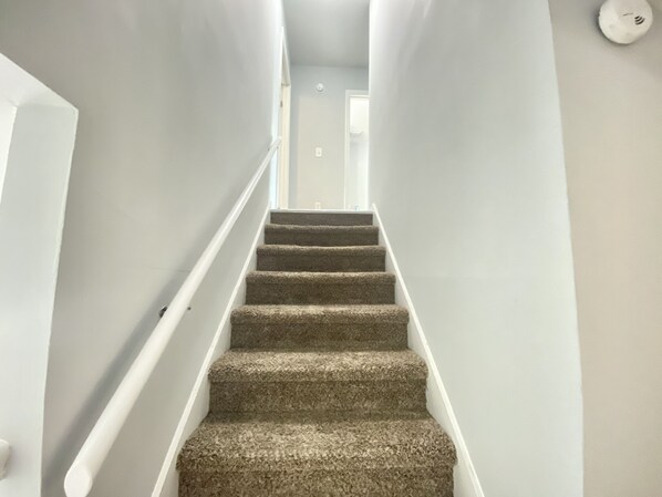 Una escalera con peldaños alfombrados y barandillas blancas, que conduce a una puerta en la parte superior.