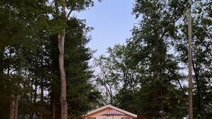 Una cabaña de madera con un toldo a cuadros, rodeada de árboles y un sendero de tierra que la lleva.