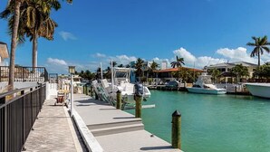 Un port de plaisance avec des bateaux amarrés, une promenade en bois et des palmiers.