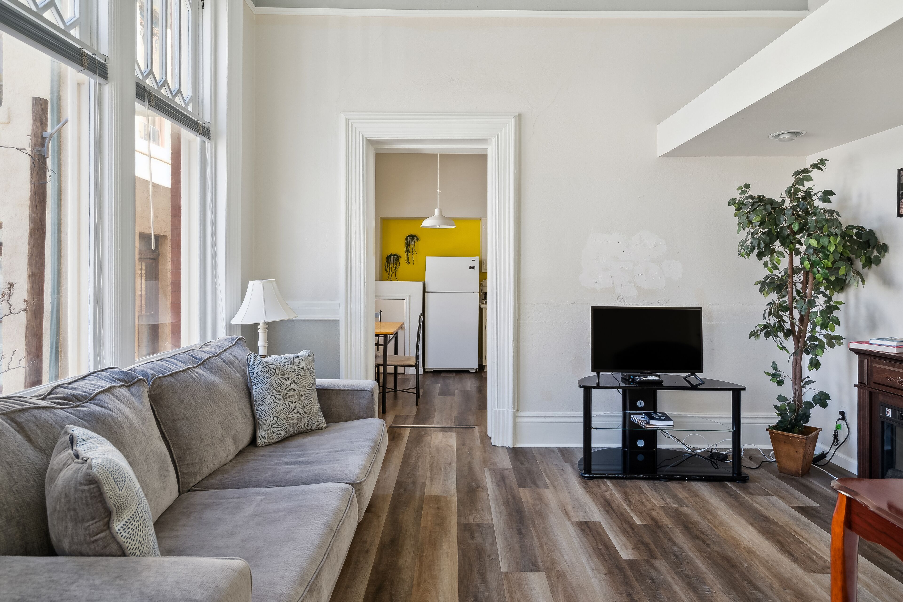 A living room with a sofa, TV stand, and a potted plant.