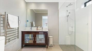 Hair dryer, towels, soap, shampoo