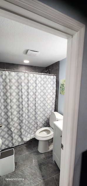 A bathroom with a patterned shower curtain, a toilet, and a cabinet. - Studio "Grande" (Lakeland)