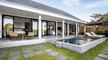 Outdoor pool, pool umbrellas, pool loungers