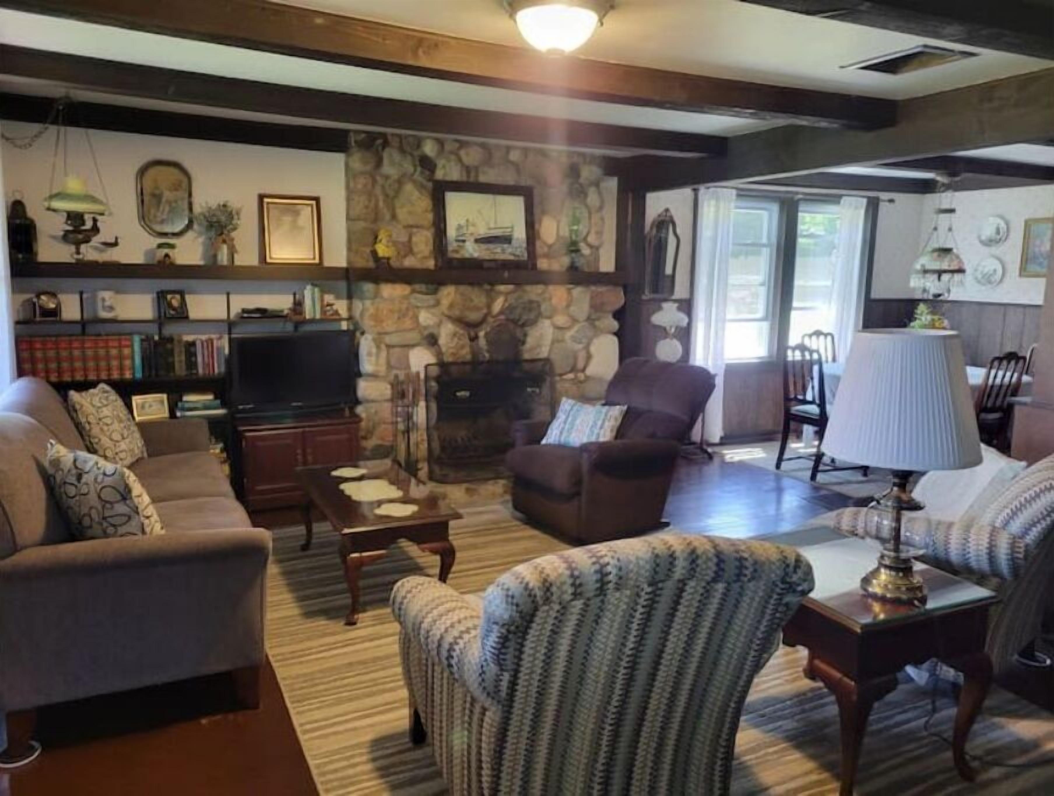 Smart TV, fireplace, DVD player, books