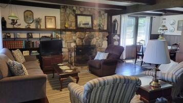 Smart TV, fireplace, DVD player, books