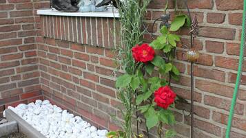 Eine Ziegelwand mit einem Fenster, ein Blumenkasten mit roten Blüten und ein Gartenbeet mit weißen Kieselsteinen.