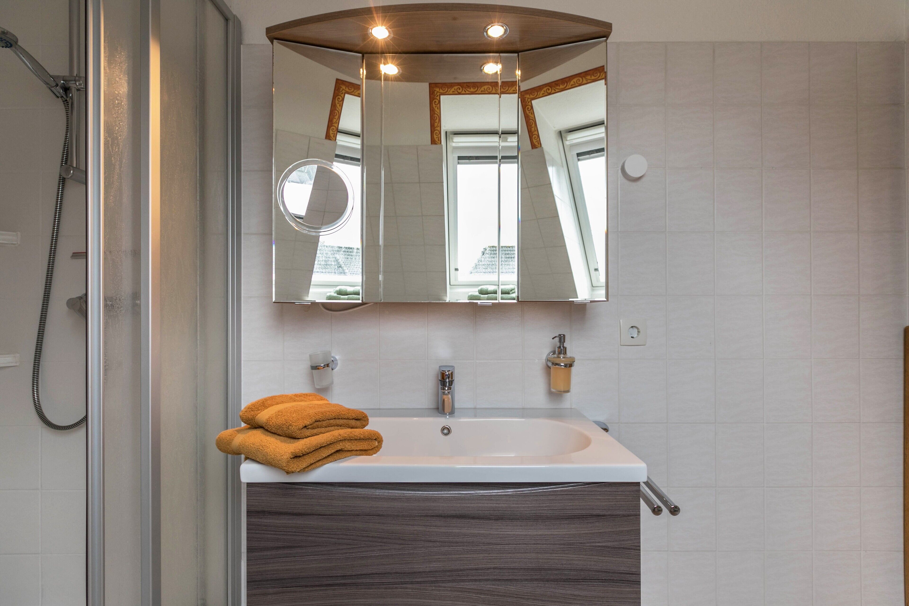 Douche, séchoir à cheveux, serviettes fournies