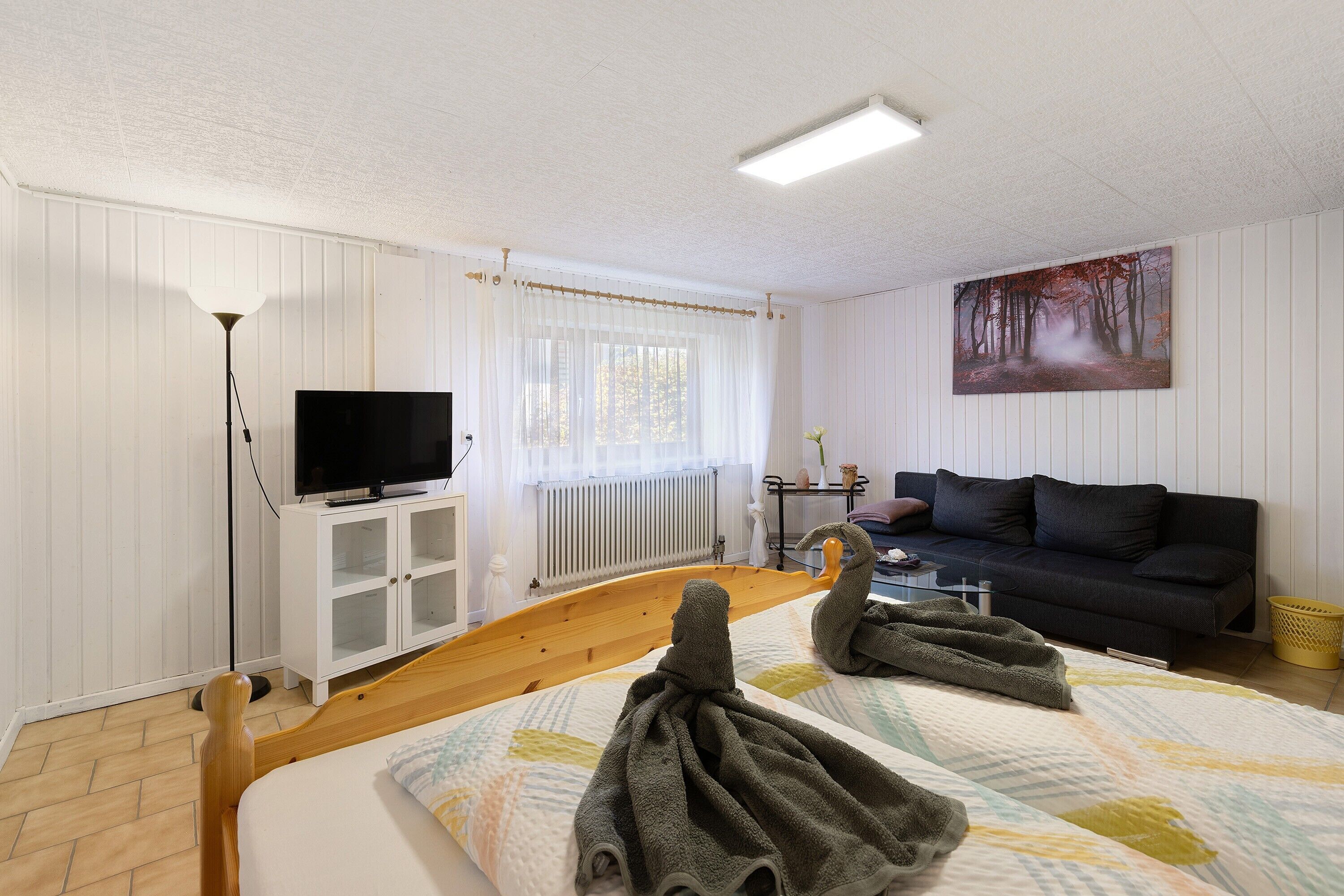 A room with a bed, a TV, a sofa, and a painting on the wall.
