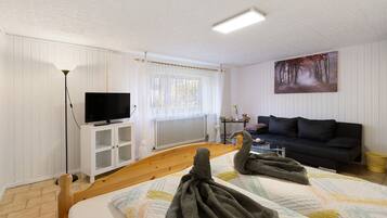 A room with a bed, a TV, a sofa, and a painting on the wall.