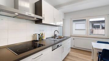 Fridge, stovetop, dishwasher, coffee/tea maker
