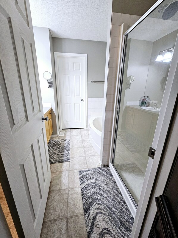Eco-friendly toiletries, hair dryer, towels, soap