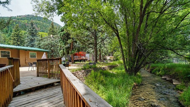 A wooden deck leading to a building with a green roof, surrounded by lush greenery and a small stream.