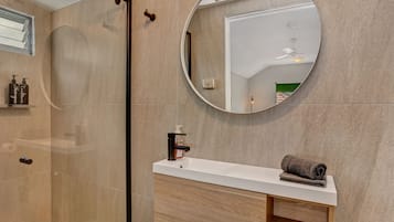 Hair dryer, towels, soap, shampoo