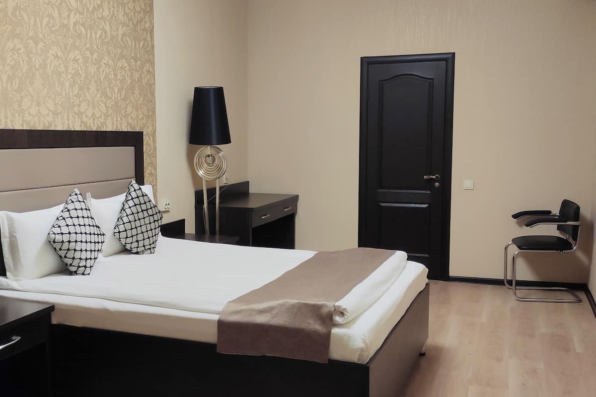 A neatly made bed with two patterned pillows, a bedside lamp, a dark wooden door, and a chair in a hotel room.