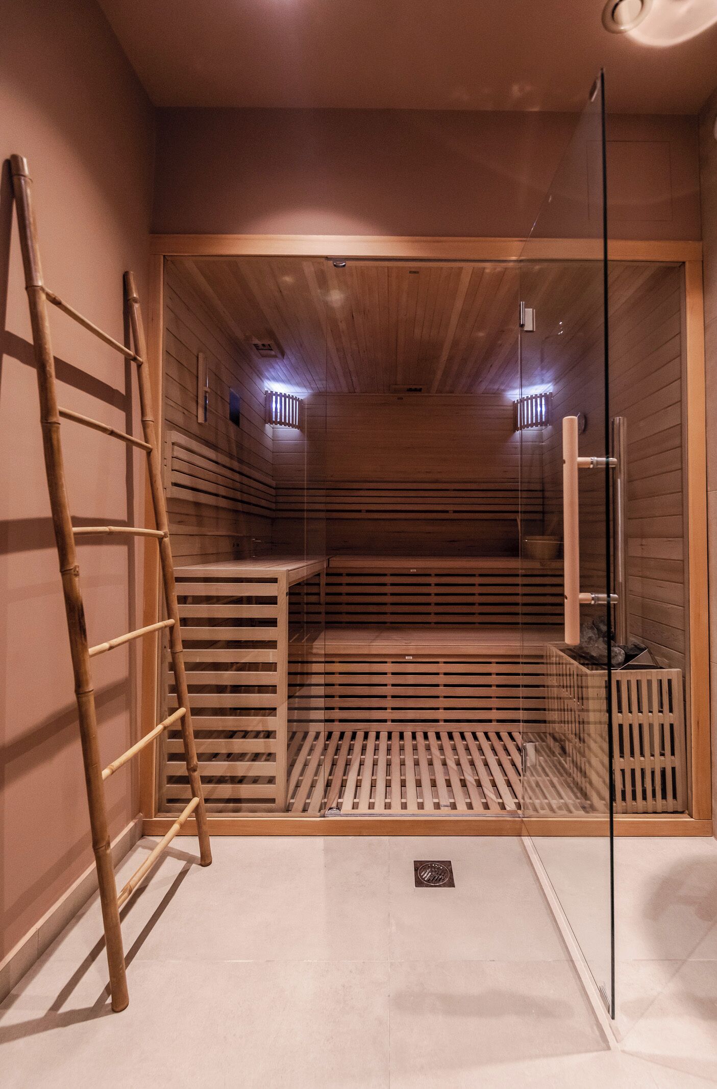 A sauna with wooden walls and a glass door, a wooden bench, and a ladder.