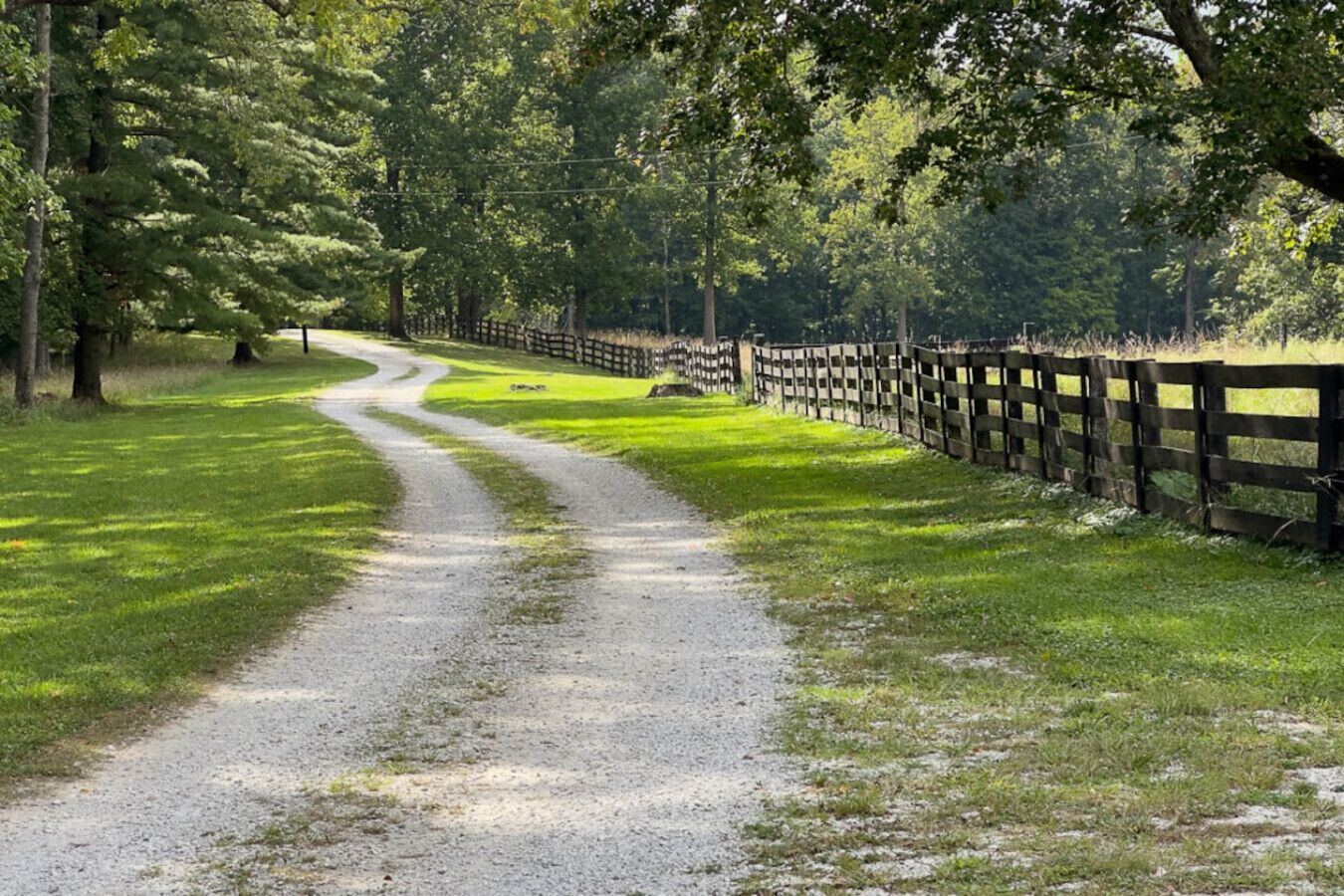 A gravel path flanked by a wooden fence, surrounded by lush green grass and trees.