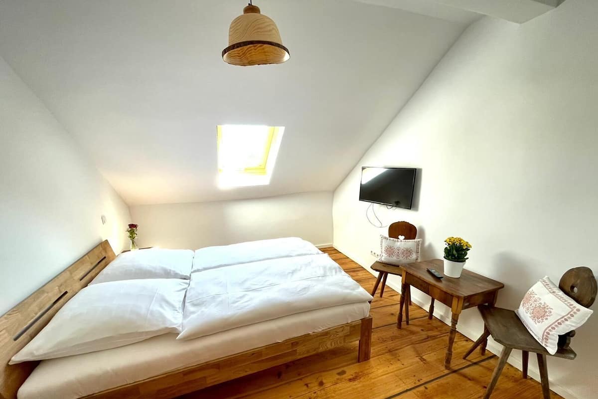 Un dormitorio con una cama de madera, un escritorio con silla, un televisor y un tragaluz.